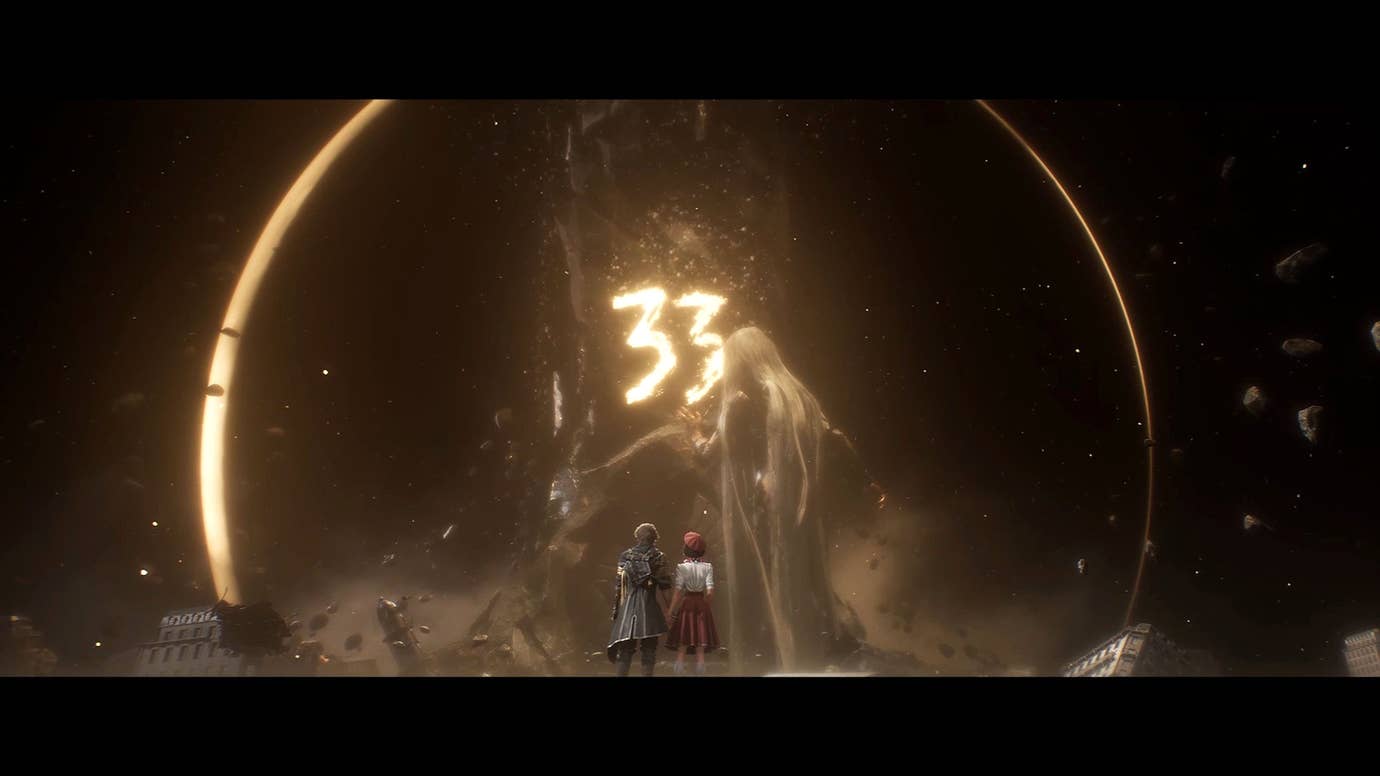 Eclipse-like framing of a huge, long-haired figure raising their hand to a large glowing number 33. In the near ground, two tiny people stand hand in hand, watching.